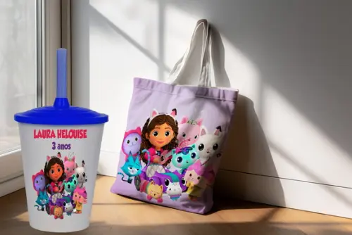 Kit Sacola Ecobag+copo Twister Casa Magica da Gabby