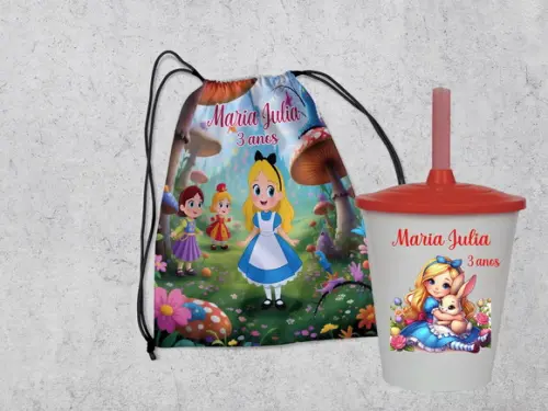 Lembrancinhas da Alice Cute Mochila + Copo Twister