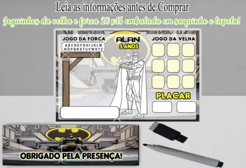 Lembrancinhas do Batman Jogo da Forca+ Velha + Colorir