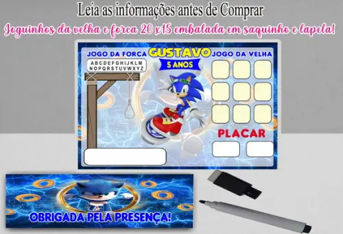 Lembrancinhas do Sonic Joguinho da Velha e Forca