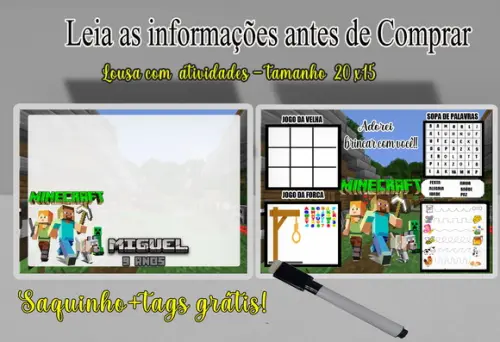 Lousa Mágica 4x1 com Canetinha Atividades do Minecraft