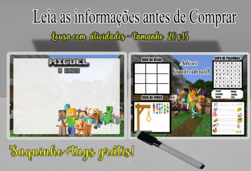 Lousa Magica com Atividades no Verso Lembrancinhas Minecraft