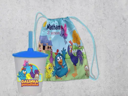 Mochila +copo Twister da Galinha Pintadinha