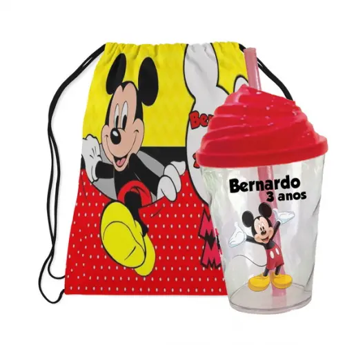 Mochilinha e Copo Twister Tampa Chantilly Mickey Mouse