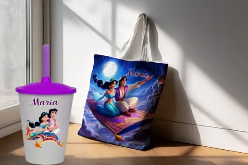 Sacola Ecobag com Copo Twister do Aladim e Jasmine