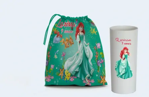 Saquinho Surpresa e Copo Long Drink Sereia Ariel