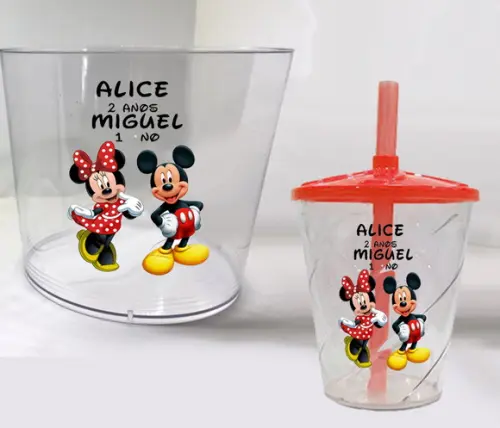Balde de Acrilico e Copo Personalizado da Minnie e Mickey