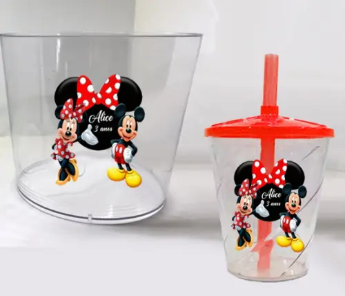 Balde de Acrilico e Copo Personalizado da Minnie e Mickey