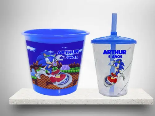 Balde de Pipoca + Copo Twister Personalizado do Sonic