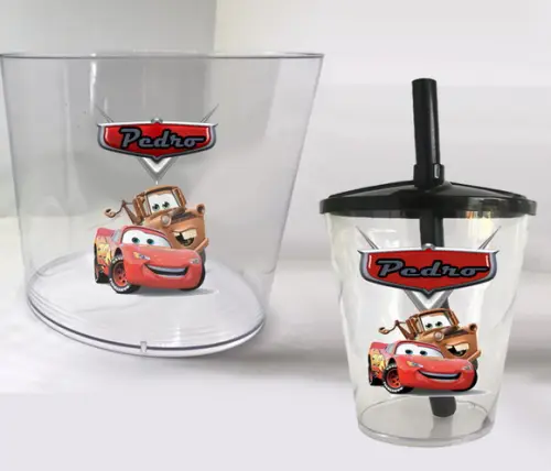 Balde de Pipoca Acrilio e Copo Twister Personalizado Carros