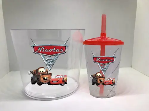 Balde de Pipoca Acrilico e Copo Twister Festa Carros Disney