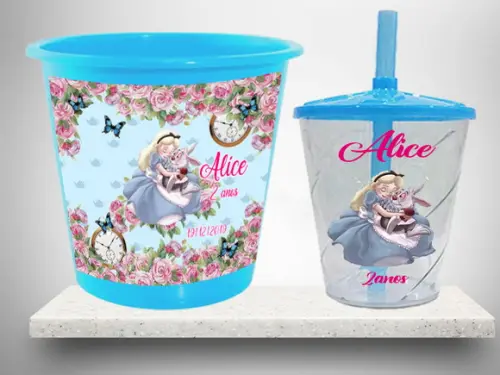 Balde de Pipoca e Copo Twister da Alice