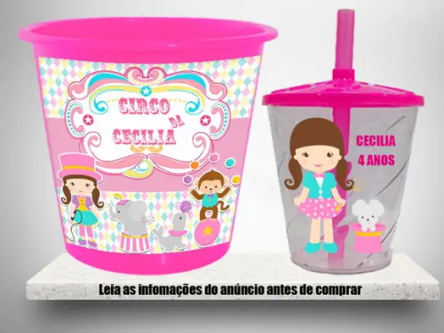 Balde de Pipoca e Copo Twister para Lembrancinhas Circo Rosa