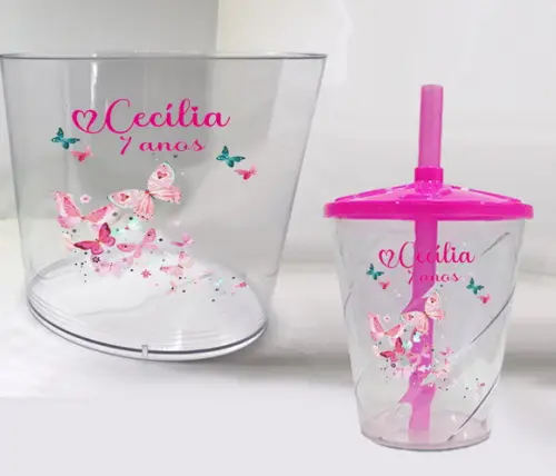 Balde de Pipoca e Copo Twister Personalizado Borboletas