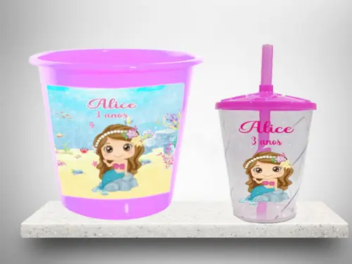 Balde de Pipoca e Copo Twister Personalizado Sereia