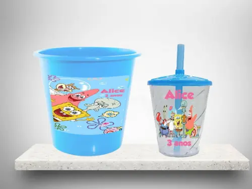 Baldinho de Pipoca e Copo Twister Personalizado Bob Esponja