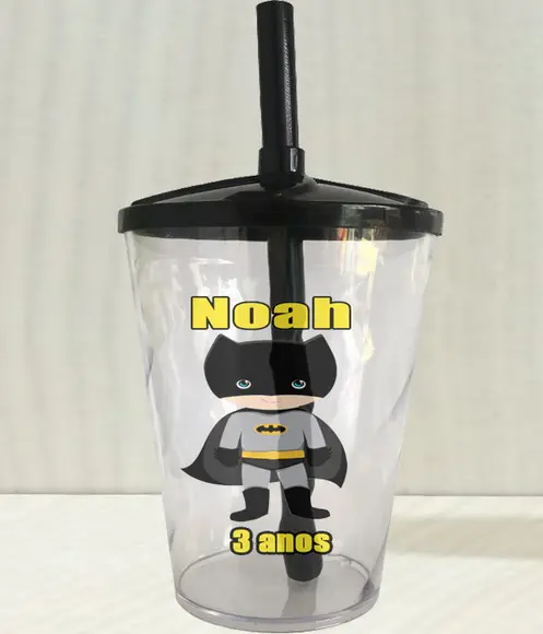 Copo Personalizado com Tampa e Canudo Batman