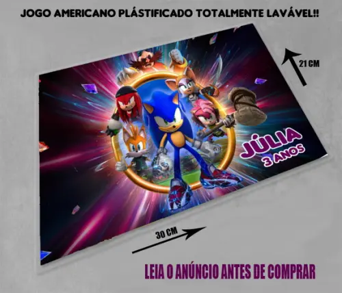 Decoração de Mesa Jogo Americano Personalizado Sonic