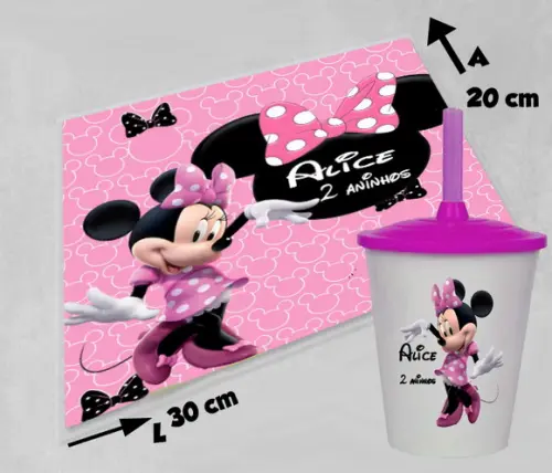 Jogo Americano e Copo Twister da Minnie Rosa