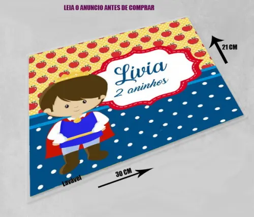 Jogo Americano Personalizado do Principe da Branca de Neve