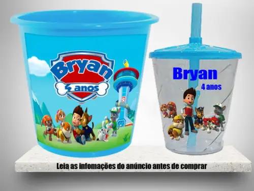 Kit Aniversario Balde de Pipoca e Copo da Patrulha Canina