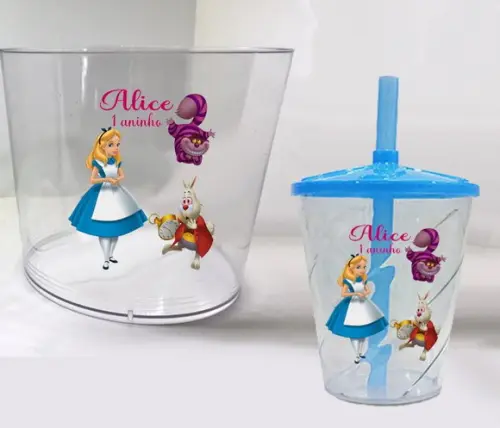 Kit Balde de Pipoca e Copo Twister da Alice no Pais