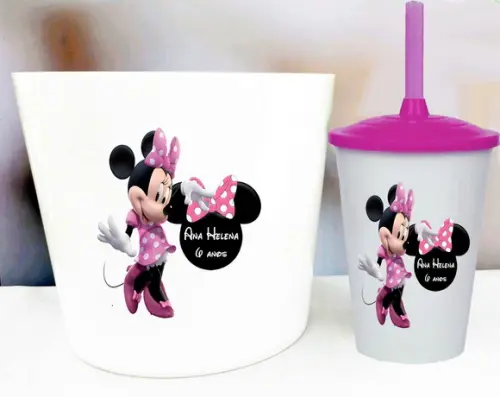 Kit Balde de Pipoca e Copo Twister Lembrancinhas da Minnie