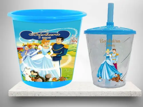 Kit Balde de Pipoca e Copo Twister Personalizado Cinderela