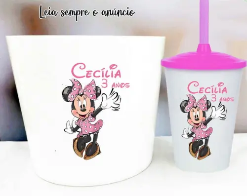 Kit Balde de Pipoca e Copo Twister Personalizado da Minnie