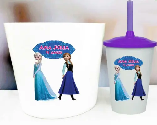 Kit Balde de Pipoca e Copo Twister Personalizado Frozen