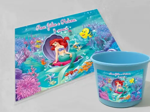 Kit Balde de Pipoca e Jogo Americano da Sereia Ariel