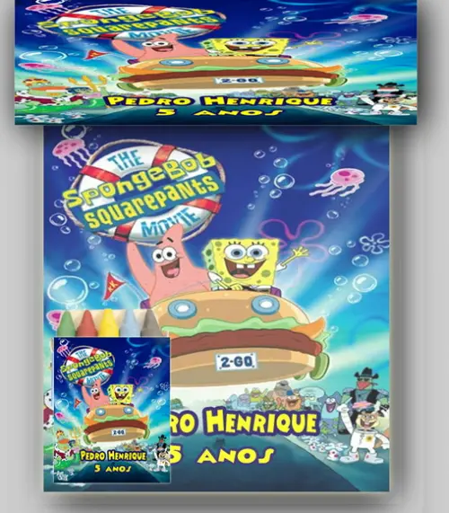 Kit Colorir do Bob Esponja Revista e Giz de Cera