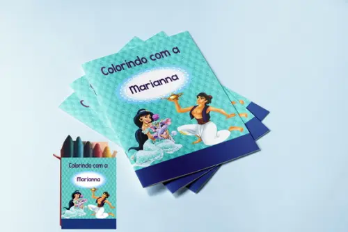 Kit Colorir Revista com Giz de Cera do Aladim e Jasmine