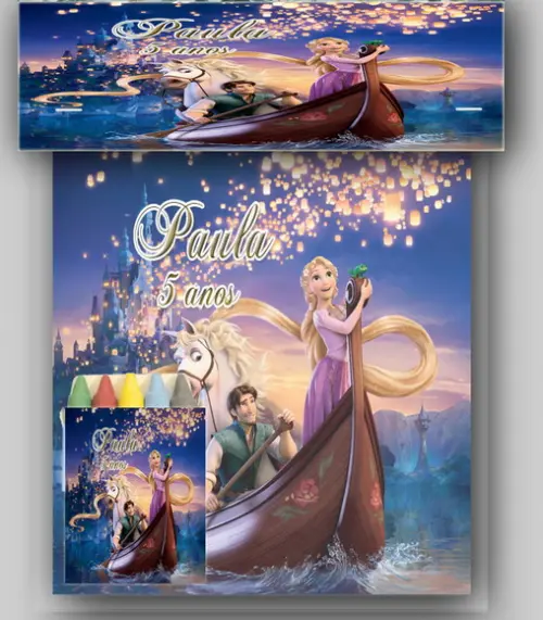 Kit Colorir Revista e Giz de Cera da Rapunzel