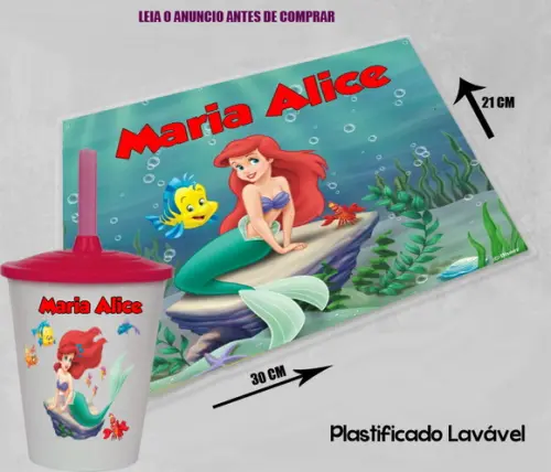 Kit Festa da Sereia Ariel Copo Twister + Jogo Americano
