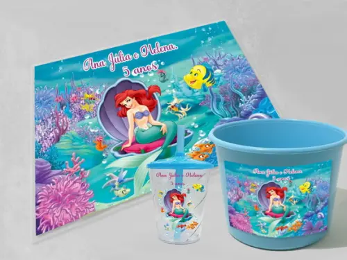 Kit Festa Sereia Ariel Balde de Pipoca+copo+jogo Americano