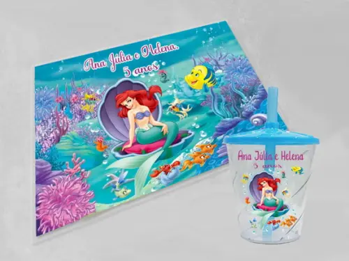Kit Festa Sereia Ariel Balde de Pipoca+copo+jogo Americano