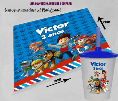 Kit Jogo Americano e Copo Personalizado da Patrulha Canina