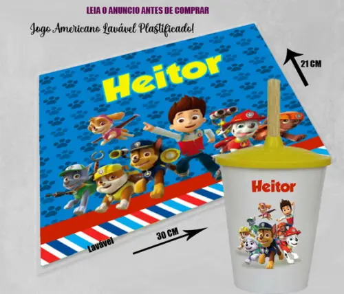 Kit Jogo Americano e Copo Personalizado da Patrulha Canina