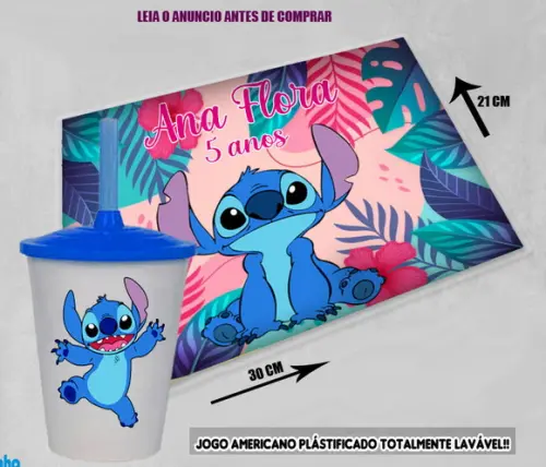 Kit Jogo Americano e Copo Twister do Stitch