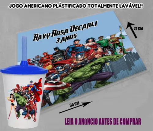 Kit Jogo Americano e Copo Twister dos Vingadores