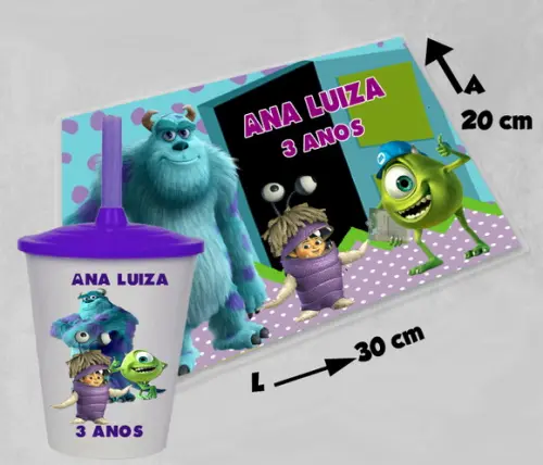 Kit Jogo Americano e Copo Twister Personalizado Monstro Sa