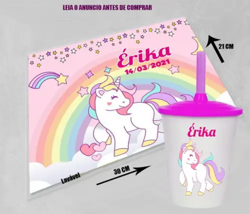 Kit Jogo Americano Souplast e Copo Twister Unicornio