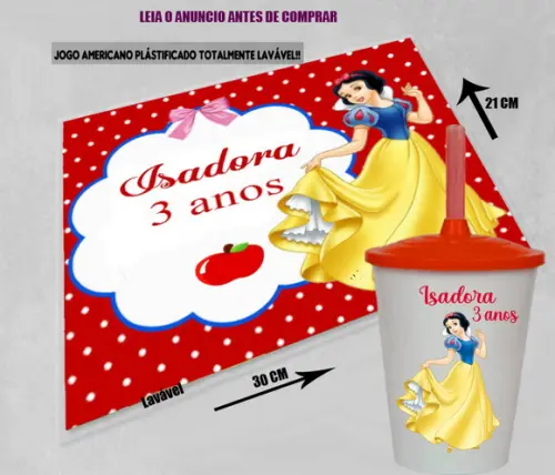 Kit Lembrancinhas da Branca de Neve Jogo Americano e Copo