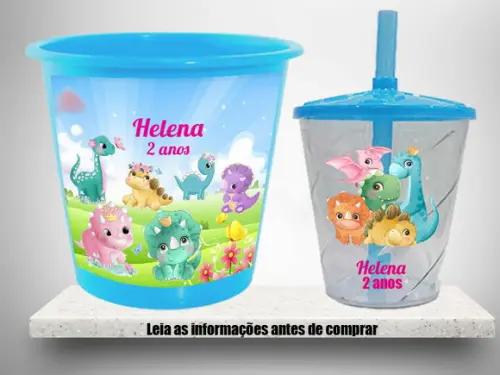 Kit Lembrancinhas Dinossauros Baby Balde de Pipoca e Copo