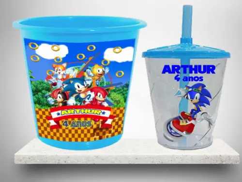 Kit Lembrancinhas do Sonic Balde Pipoca e Copo Twister
