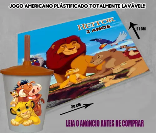 Kit Lembrancinhas do Rei Leão Jogo Americano e Copo Twister