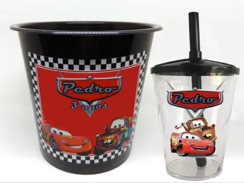 Kit Lembrancinhas dos Carros Disney Balde de Pipoca e Copo