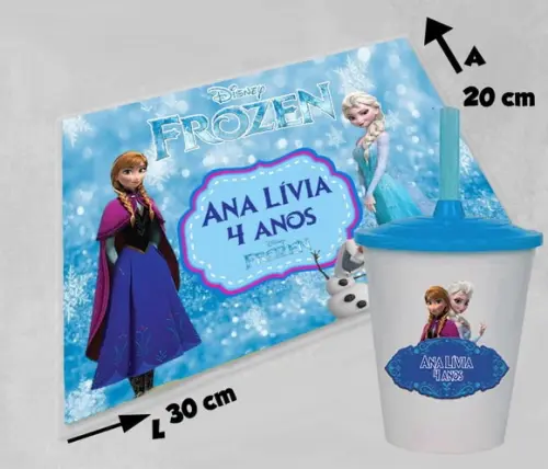 Kit Lembrancinhas Frozen Copo Twister + Jogo Americano