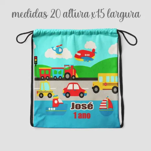 Mochila Saquinho Surpresa Personalizada Meio de Transportes